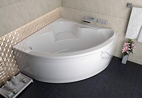 ECOLAM symmetrische Badewanne Eckbadewanne Standard Acryl weiß 120x120 cm + Schürze Ablaufgarnitur Ab- und Überlauf Automatik Füße Silikon Komplett-Set (120 x 120 cm)