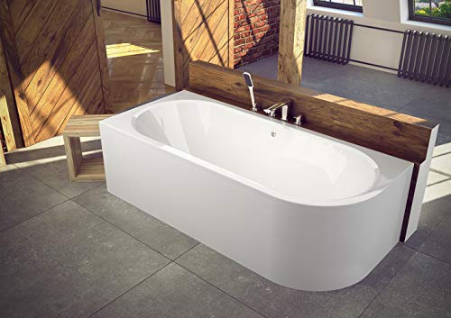 ECOLAM Badewanne Wanne Eckwanne Eckbadewanne für Zwei Modern Design Acryl weiß Avita 180x80 cm LINKS + Schürze Ablaufgarnitur Ab- und Überlauf Automatik Füße Silikon Komplett-Set