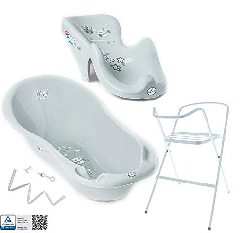 Tega Baby ® Baby Badewanne mit Gestell und Verschiedene Sets mit Babybadewannen + Ständer + Abfluss + Badewannensitz 0-12 Monate | ergonomisch Neugeborene, Motiv:Eule - grau, Set:4 Set
