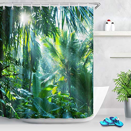 LB 150x180cm Duschvorhang Grün Bananen Blätter im Wald Wasserdicht Antischimmel Polyester Badezimmer Vorhänge mit 10 Haken,Tropischer Dschungel Pflanze